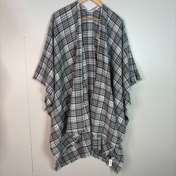 Old Navy Flannel Knit Poncho Ruana One Size Gray Plaid Fringe Open Cardigan - Picture 1 of 8